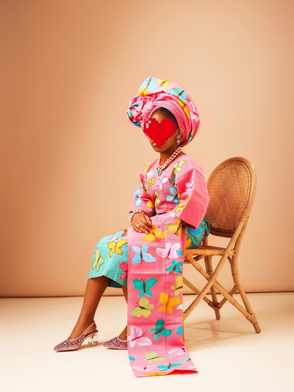 Girls Pink&Teal Butterfly Asooke Set with Coordinated Headwrap Include Accessori